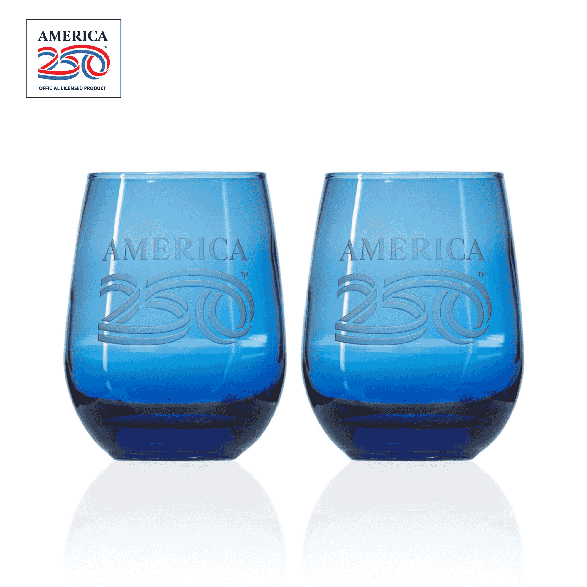 America 250 15oz Blue Stemless Wine Glass Set of 2 by Rolf Glass with OLP