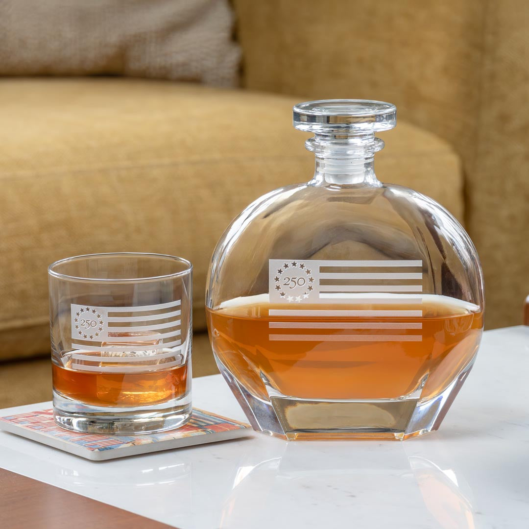 America 250 Betsy Ross Flag 23oz Whiskey Decanter and 10oz On The Rocks Glass 3pc Set by Rolf Glass