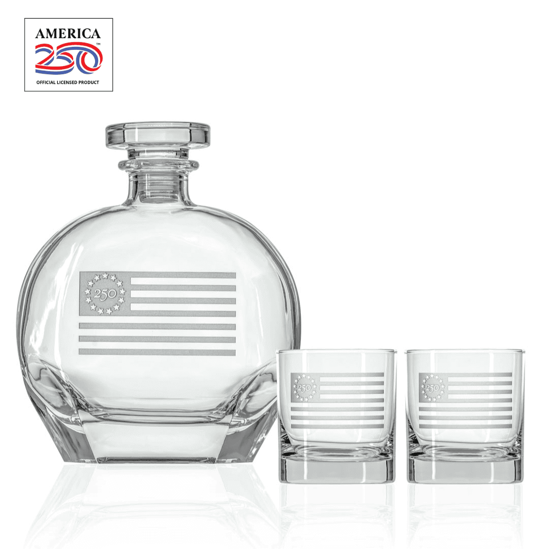 America 250 Betsy Ross 10oz On the Rocks and 23oz Whiskey Decanter 3pc gift set by Rolf Glass with OLP