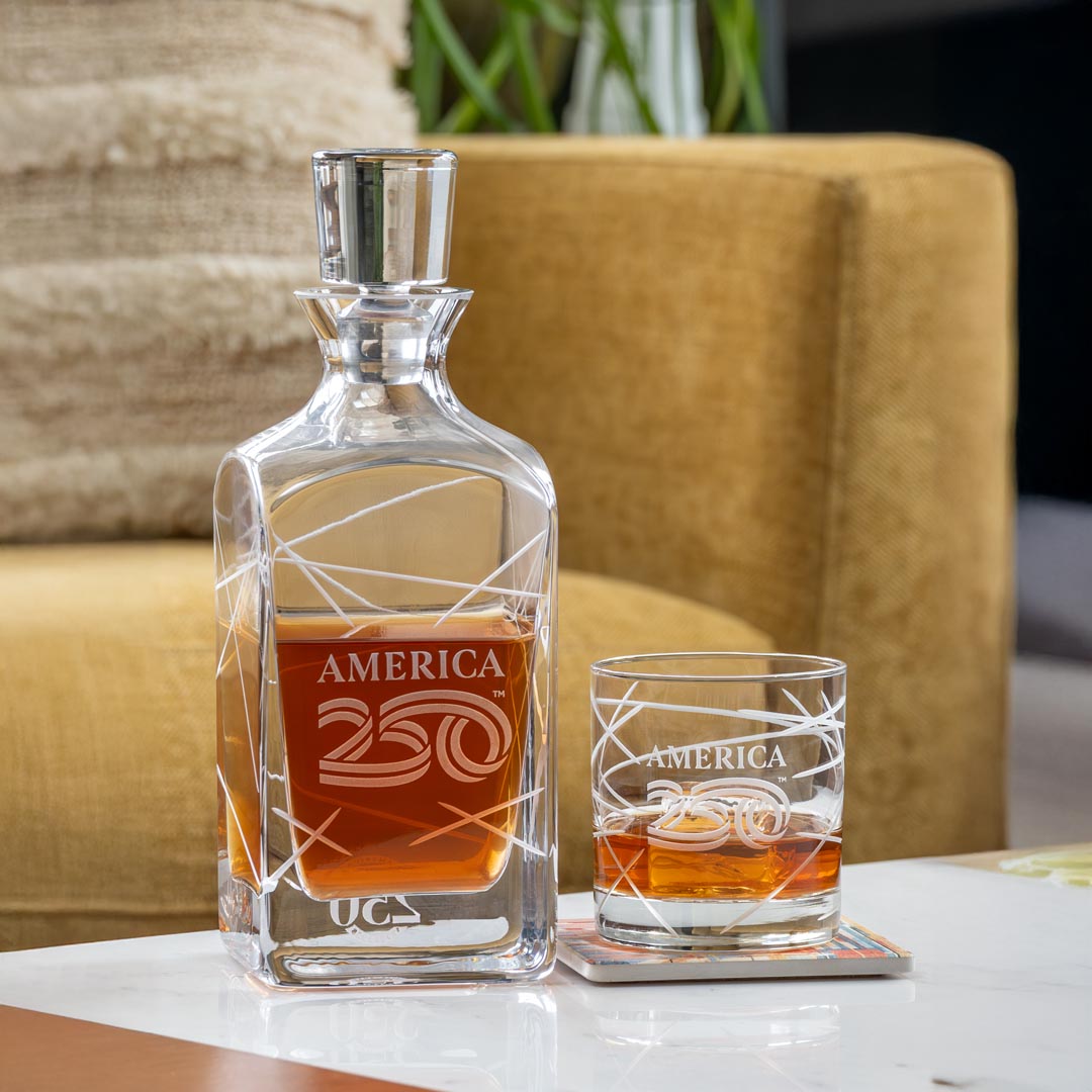 America 250 Longitude 10oz On The Rocks Whiskey Cocktail Glass and Decanter by Rolf Glass