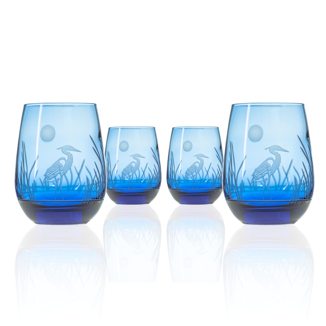 Heron 15oz Blue Stemless Wine Glass Set of 4 by Rolf Glass