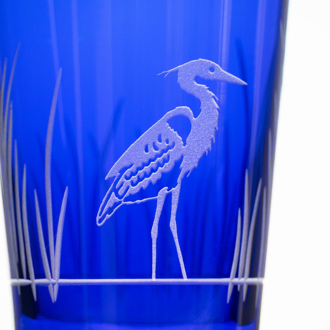Heron 17oz Cobalt Blue Beer Pint Glass by Rolf Glass detailed sand engraving