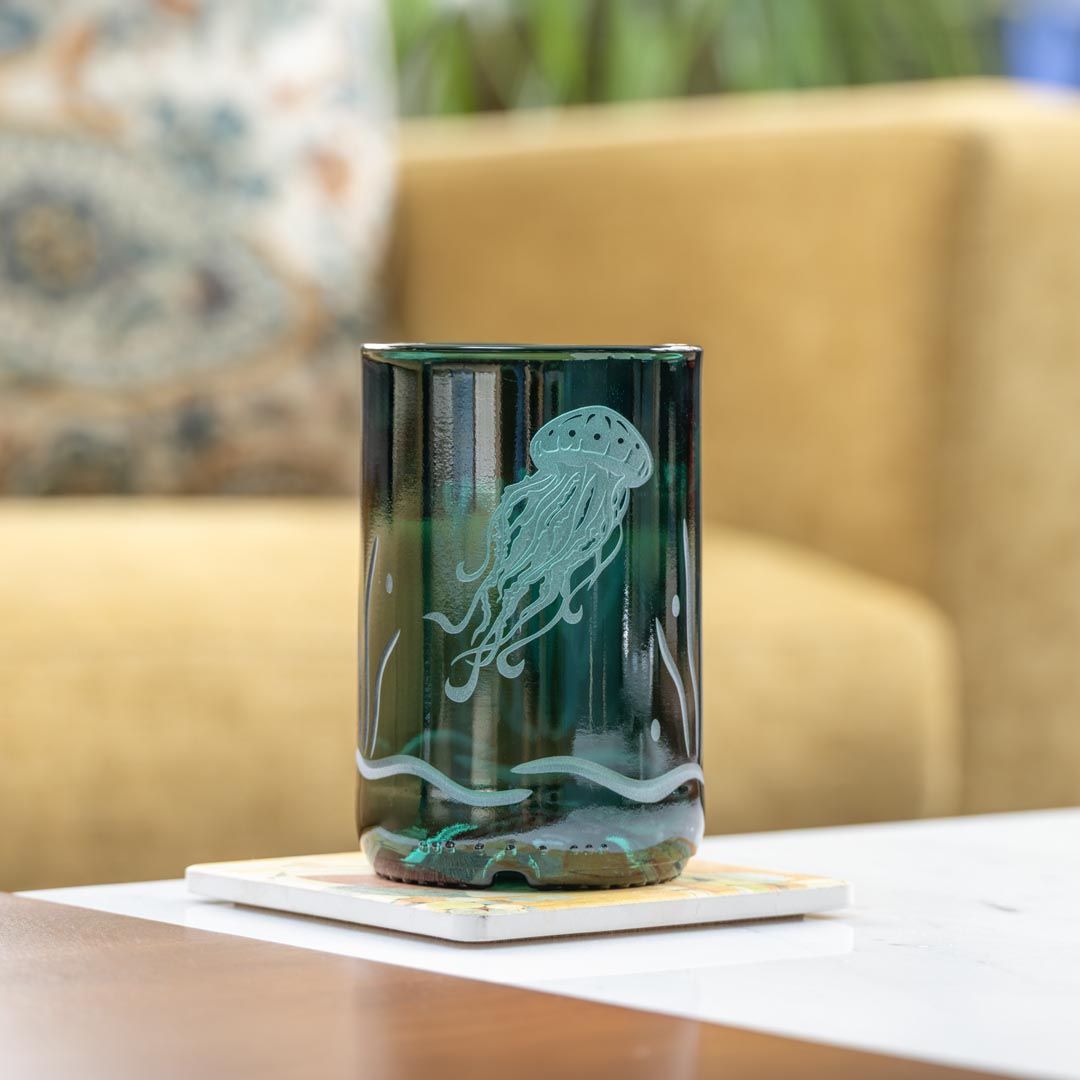 Jellyfish Twice Around 12oz Teal Repurposed Tumbler by Rolf Glass