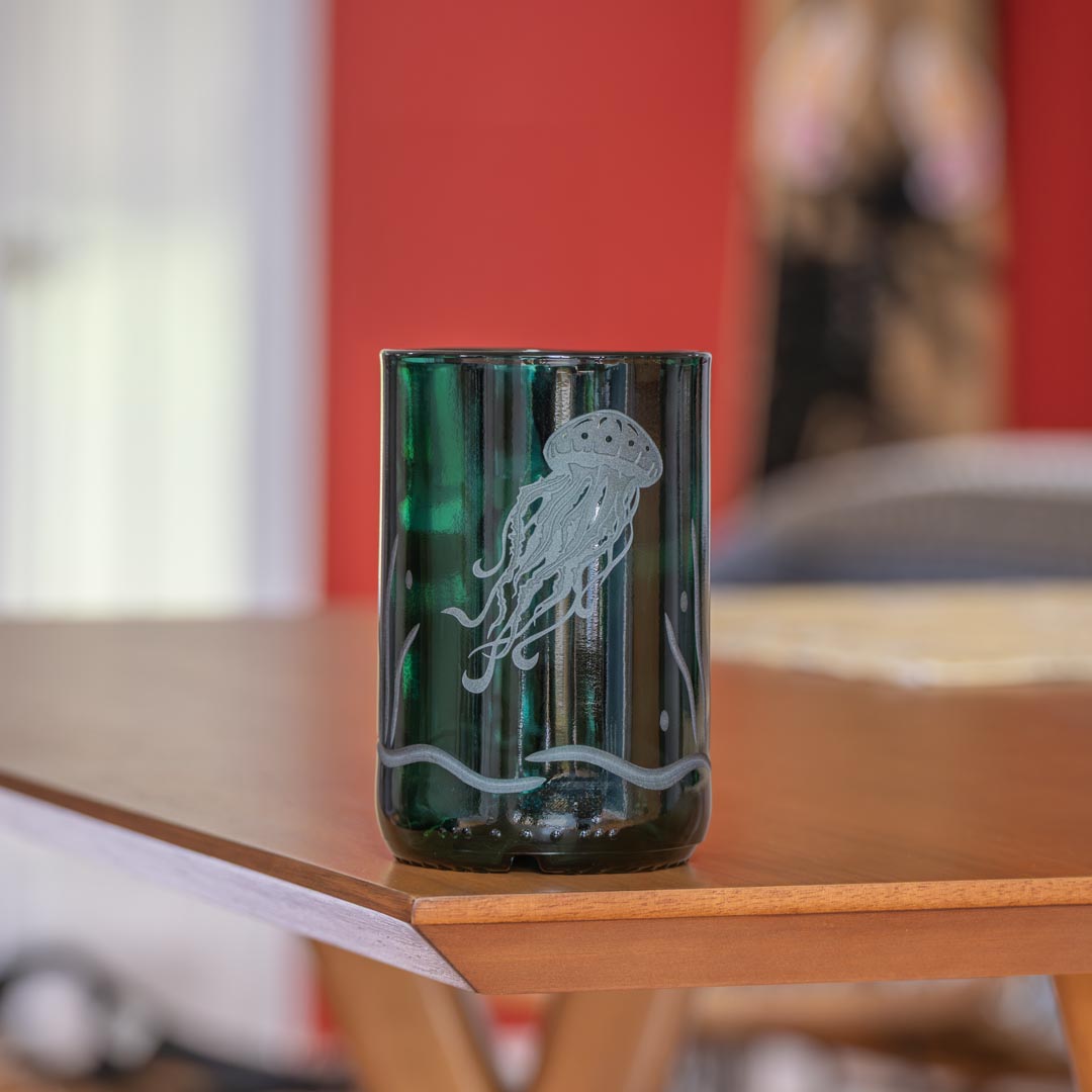 Jellyfish Twice Around 12oz Teal Repurposed Tumbler by Rolf Glass