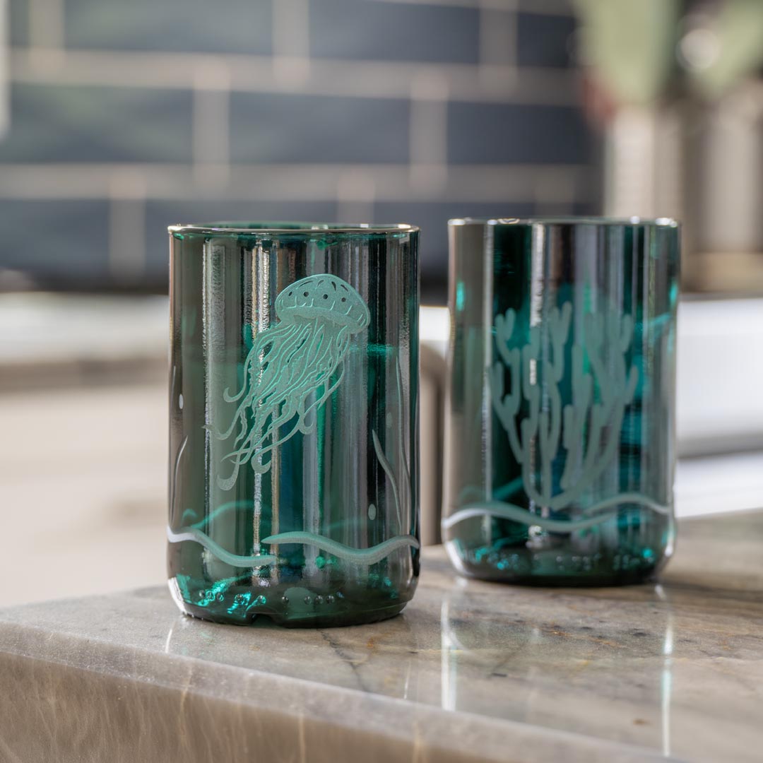 Jellyfish Twice Around 12oz Teal Repurposed Tumbler by Rolf Glass