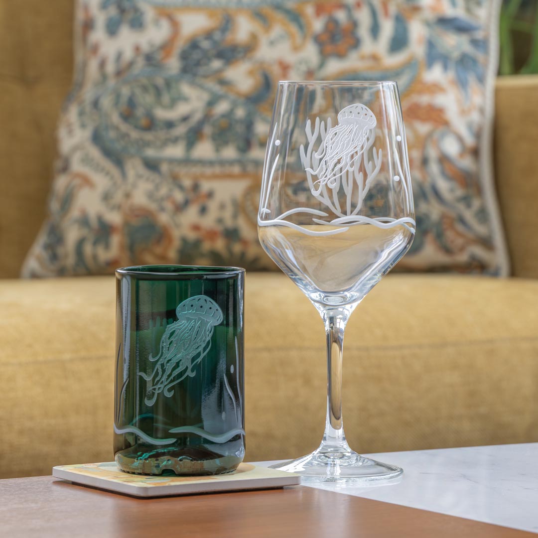 Jellyfish Twice Around 12oz Teal Repurposed Tumbler by Rolf Glass