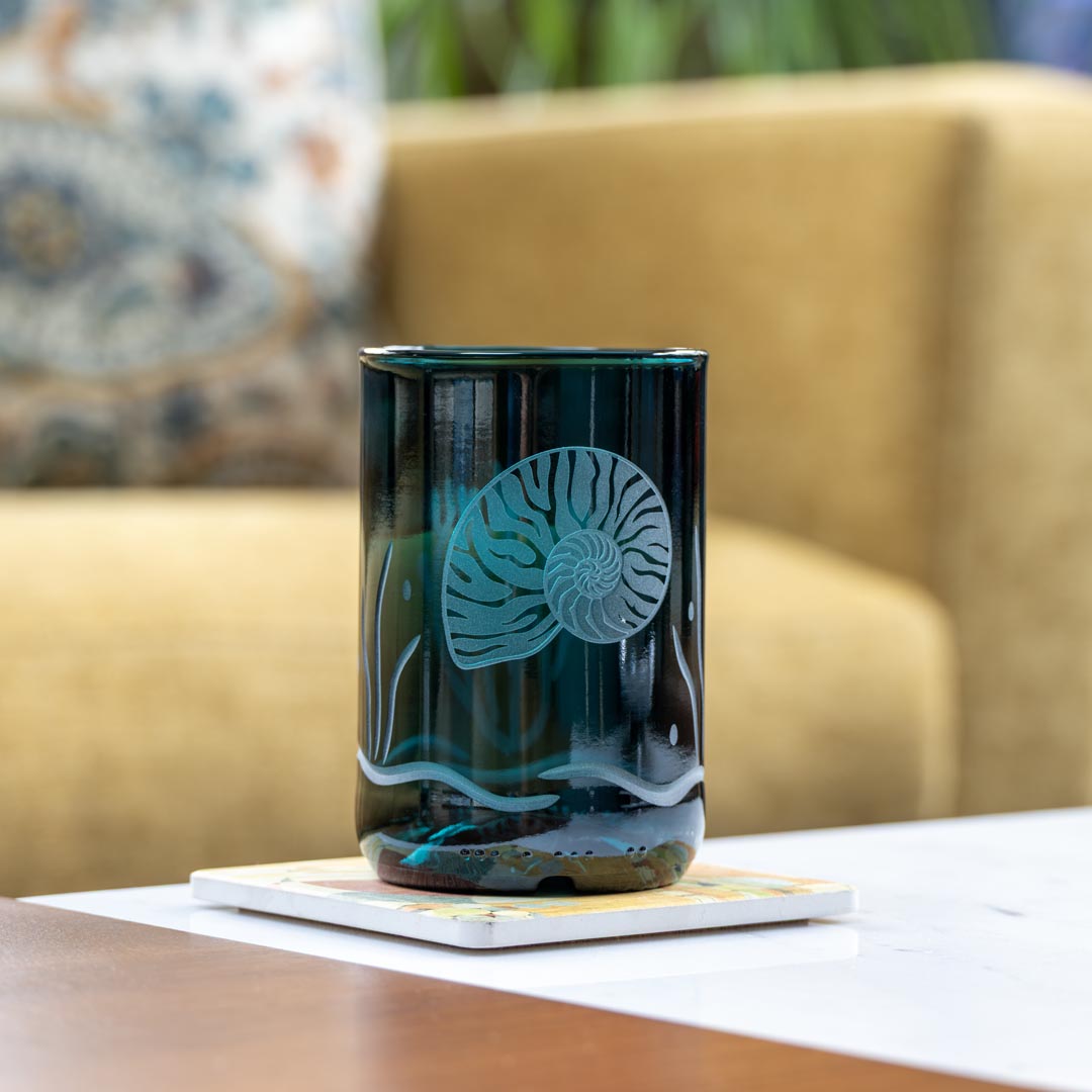 Nautilus Twice Around 12oz Teal Repurposed Tumbler by Rolf Glass