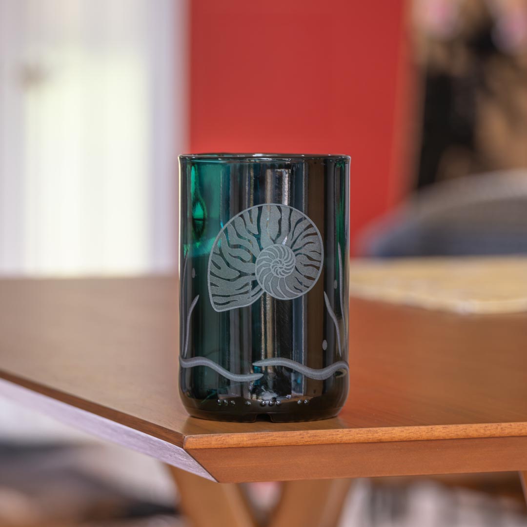 Nautilus Twice Around 12oz Teal Repurposed Tumbler by Rolf Glass