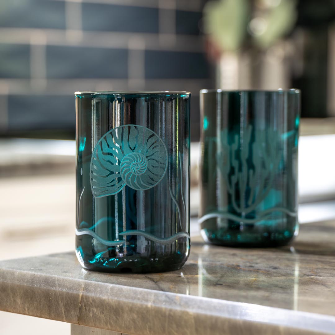 Nautilus Twice Around 12oz Teal Repurposed Tumbler by Rolf Glass