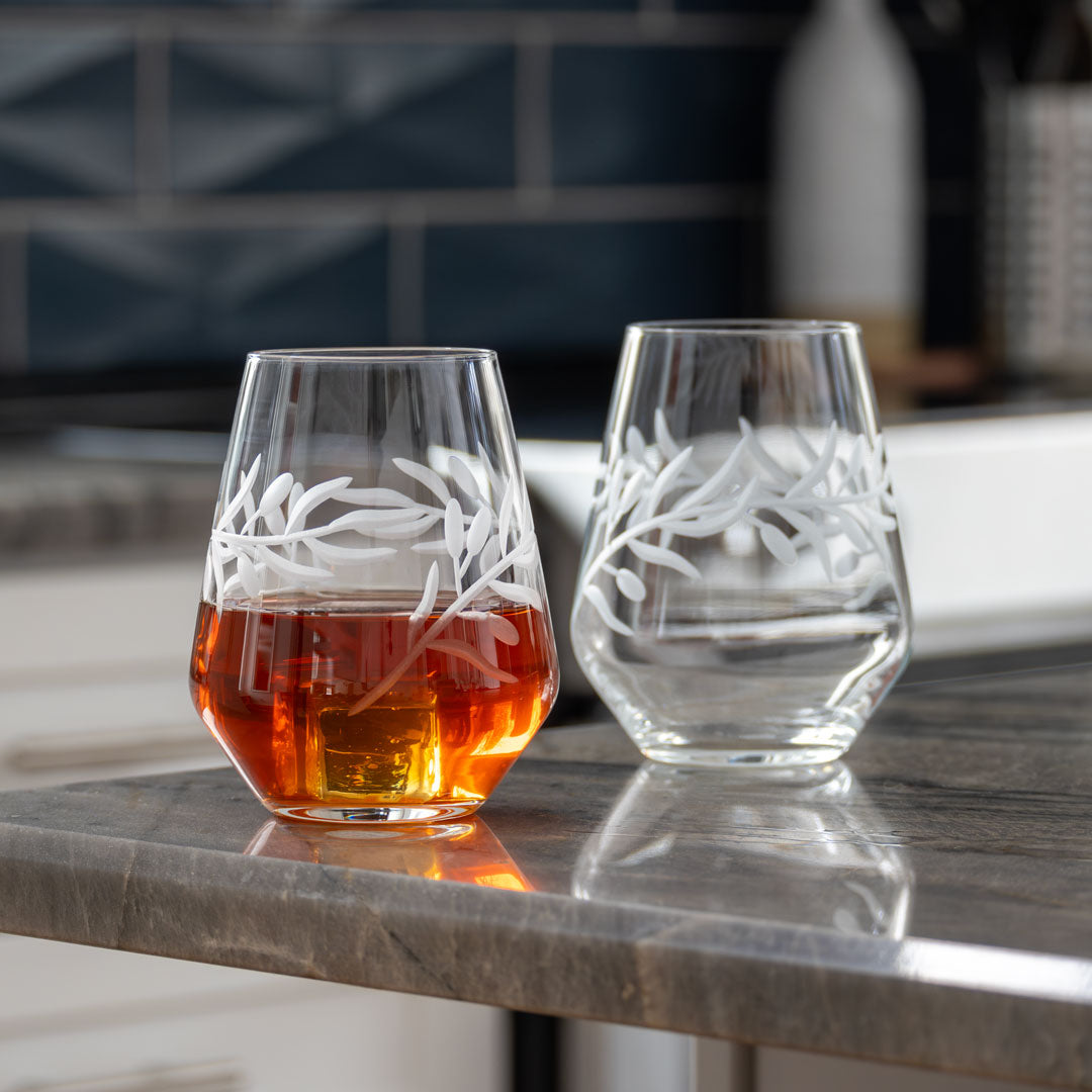 Rolf Glass Olive Branch 18oz Stemless Wine Glass in the kitchen
