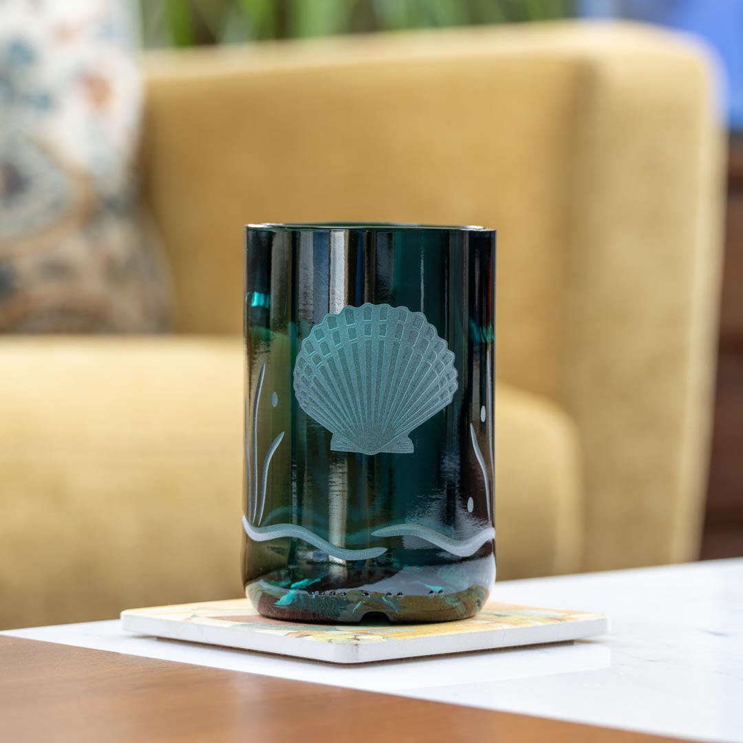 Scallop Shell Twice Around 12oz Teal Repurposed Tumbler by Rolf Glass