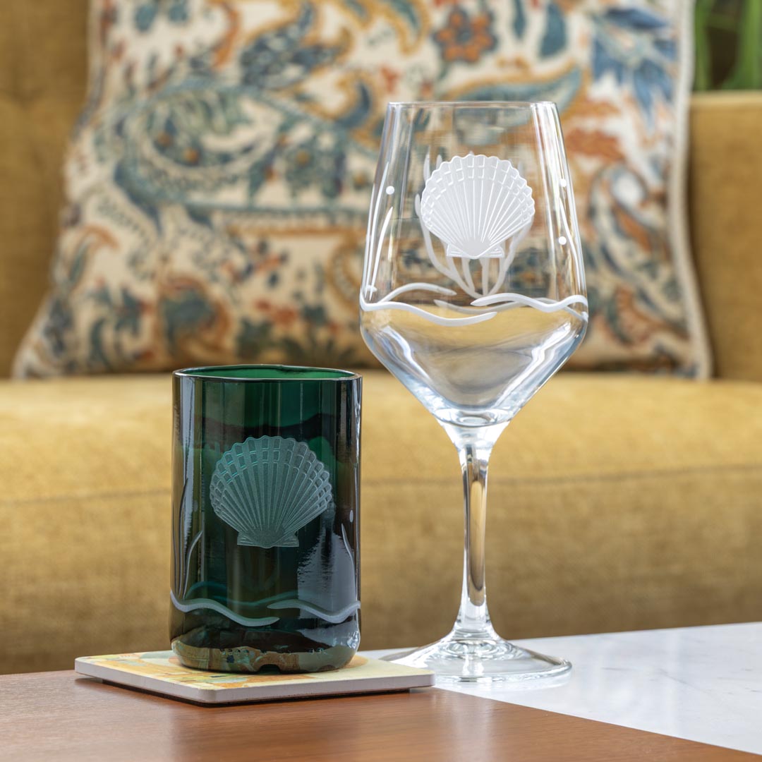 Scallop Shell Twice Around 12oz Teal Repurposed Tumbler by Rolf Glass