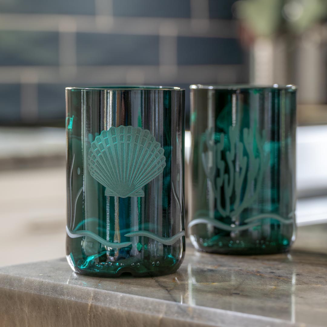 Scallop Shell Twice Around 12oz Teal Repurposed Tumbler by Rolf Glass