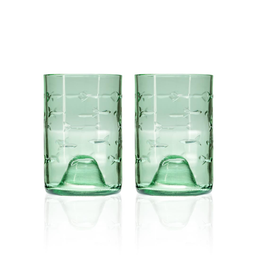 School of Fish Twice Around 12oz Antique Green Repurposed Tumbler Set of 2 by Rolf Glass