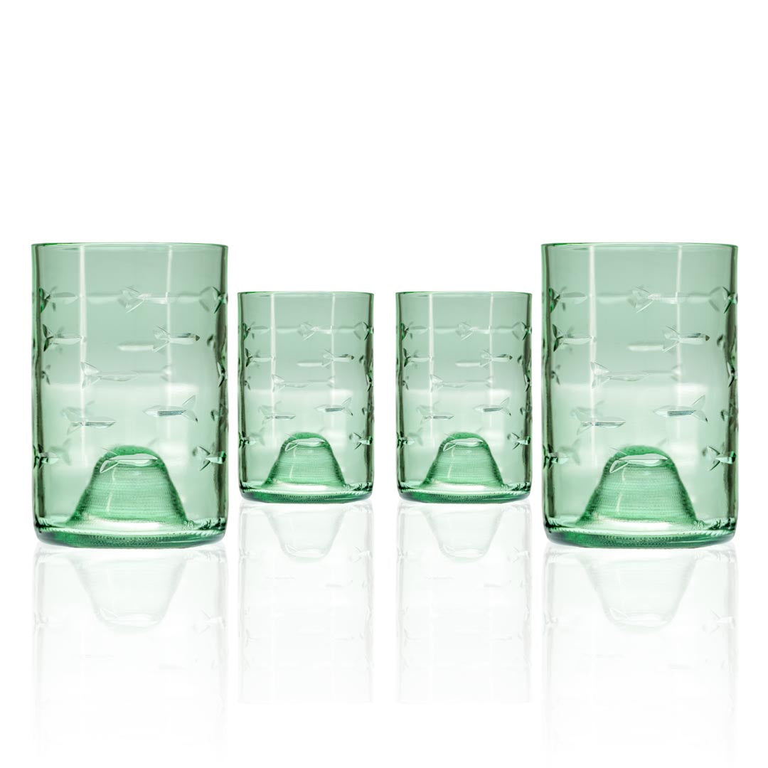 School of Fish Twice Around 12oz Antique Green Repurposed Tumbler Set of 4 by Rolf Glass