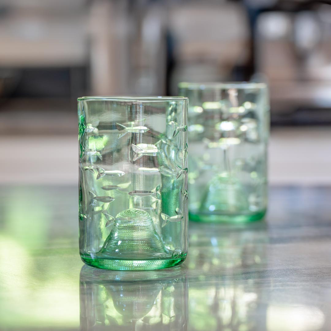 School of Fish Twice Around 12oz Antique Green Repurposed Tumbler by Rolf Glass