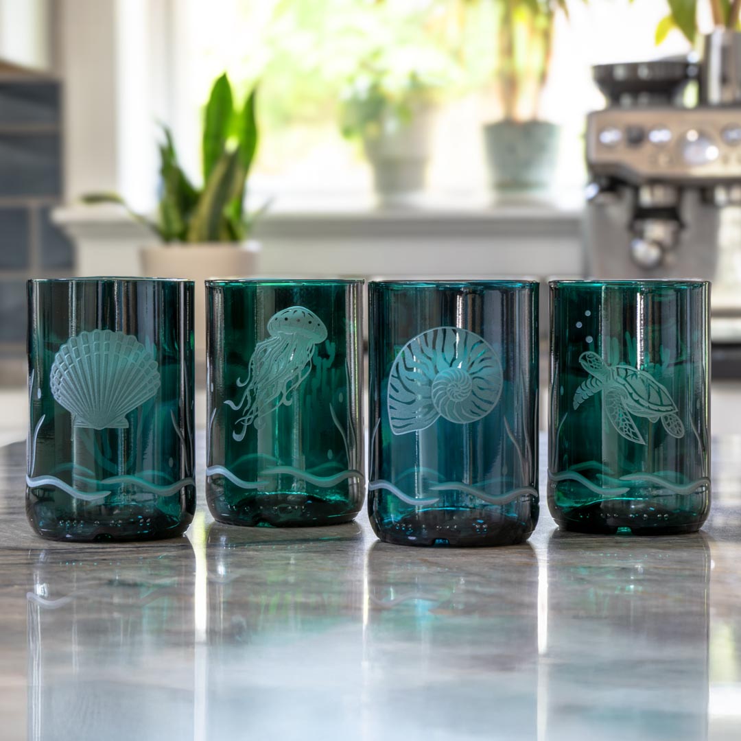 Scallop Shell Twice Around 12oz Teal Repurposed Tumbler by Rolf Glass