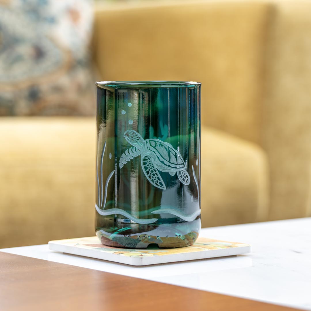 Sea Turtle Twice Around 12oz Teal Repurposed Tumbler by Rolf Glass