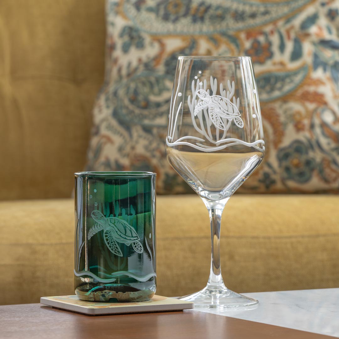 Sea Turtle Twice Around 12oz Teal Repurposed Tumbler by Rolf Glass