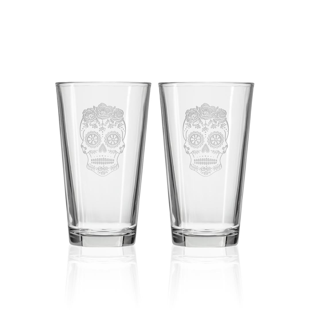 Sugar Skull 16oz Beer Pint Glass Set of 2 by Rolf Glass