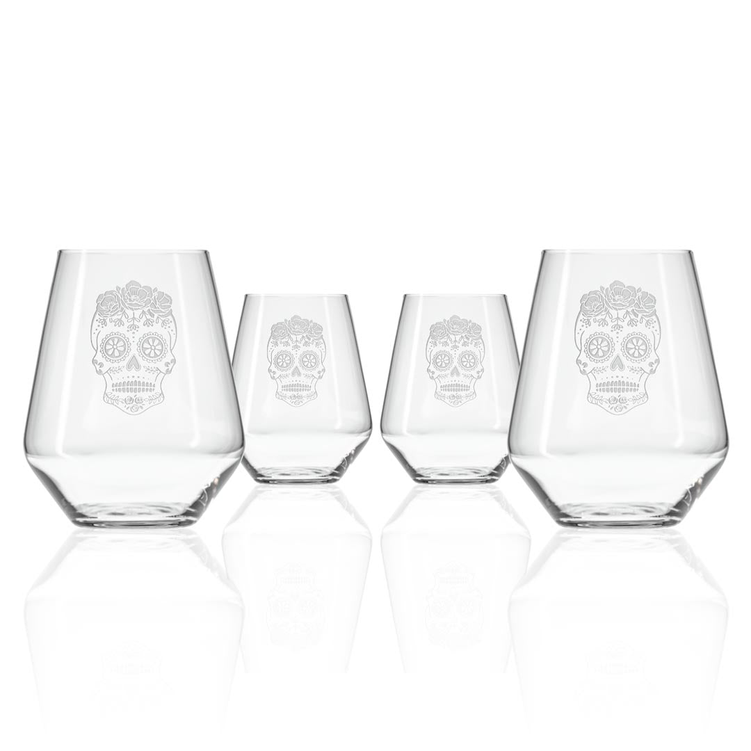 Sugar Skull 18oz Stemless Wine Glass Set of 4 by Rolf Glass
