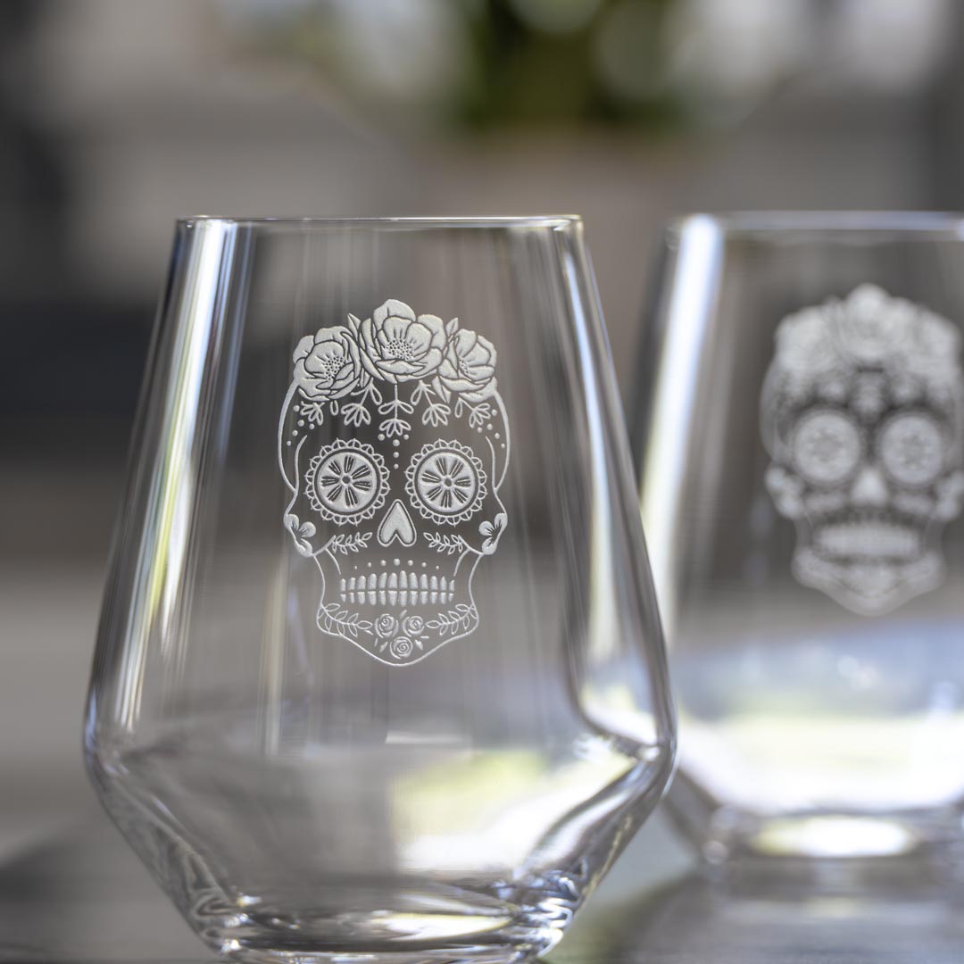Sugar Skull 18oz Stemless Wine Glass by Rolf Glass