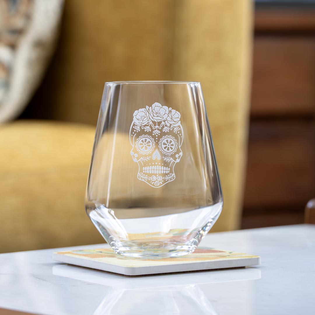 Sugar Skull 18oz Stemless Wine Glass by Rolf Glass