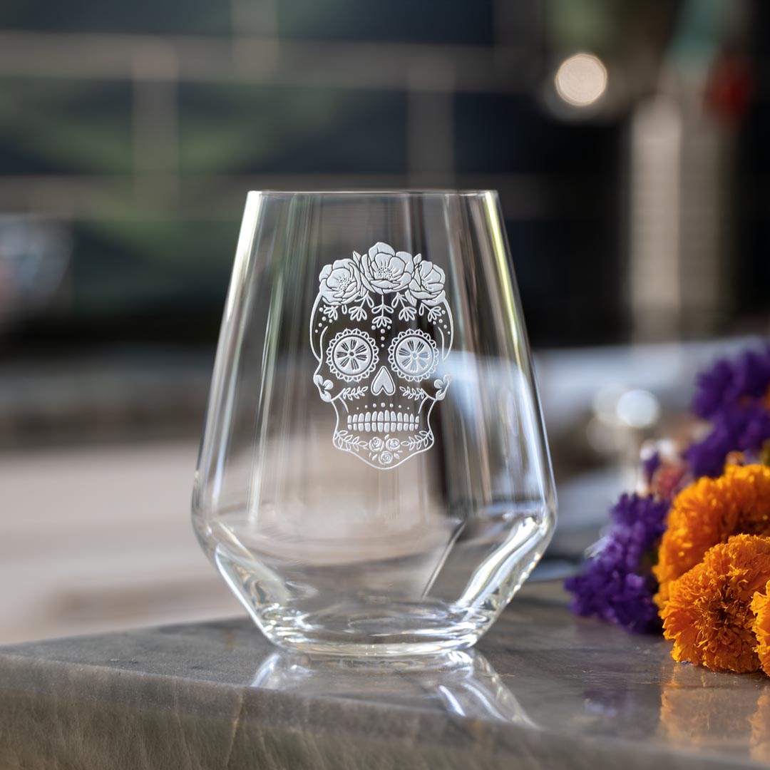 Sugar Skull 18oz Stemless Wine Glass by Rolf Glass