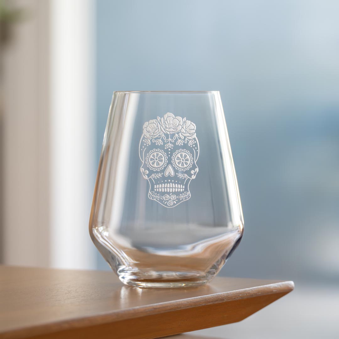 Sugar Skull 18oz Stemless Wine Glass by Rolf Glass