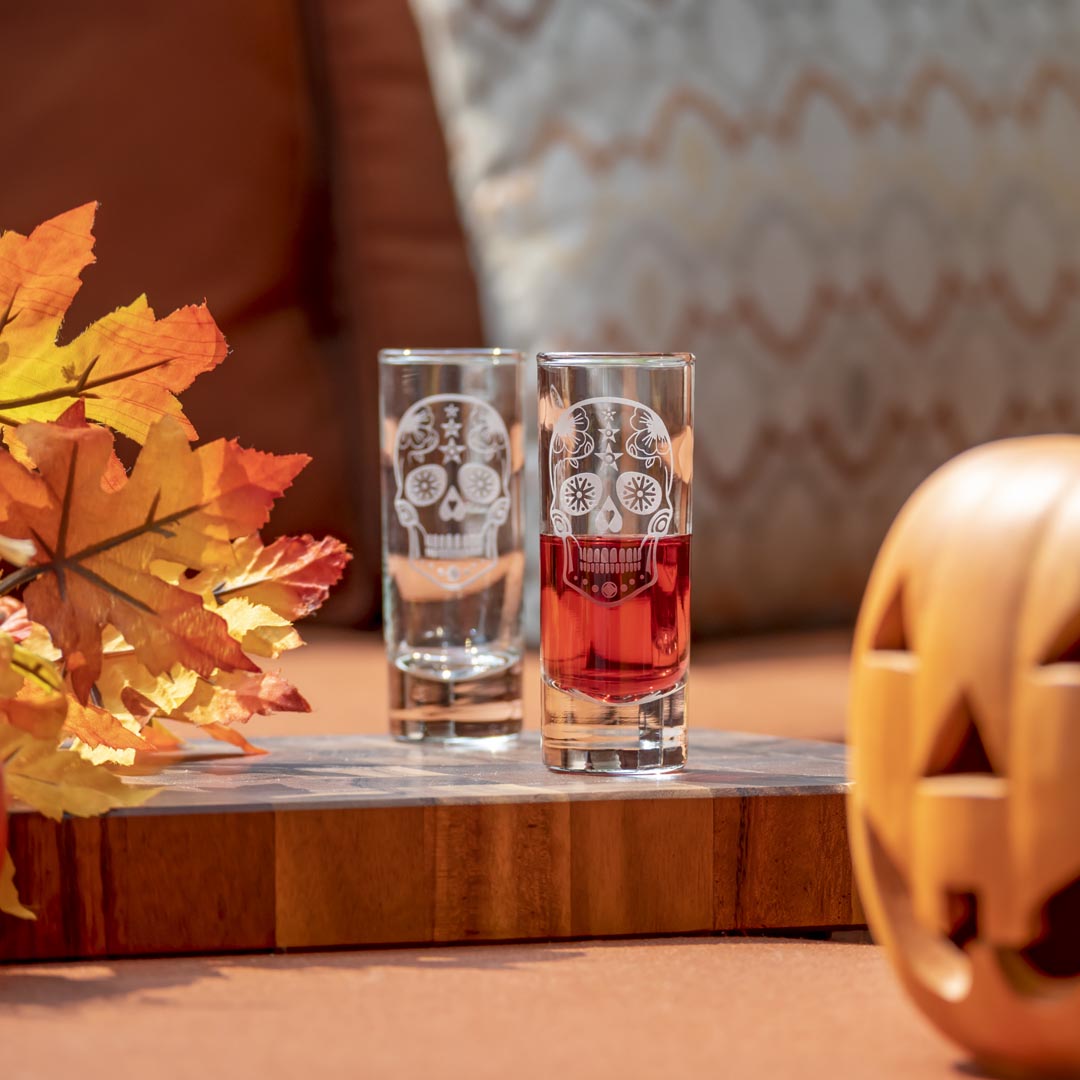 Enjoy a shot at your Halloween party using the Rolf Glass Sugar Skull 2.5oz Cordial Shot Glass.