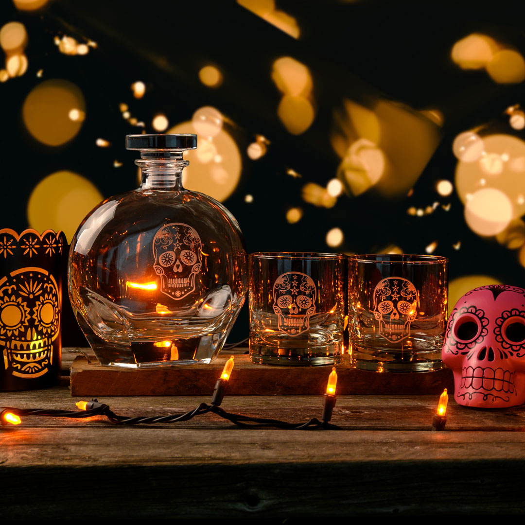 Rolf Glass Sugar Skull Whiskey Decanter Gift Set. Celebrate Halloween or Dia De Los Muertos with your favorite spirt.