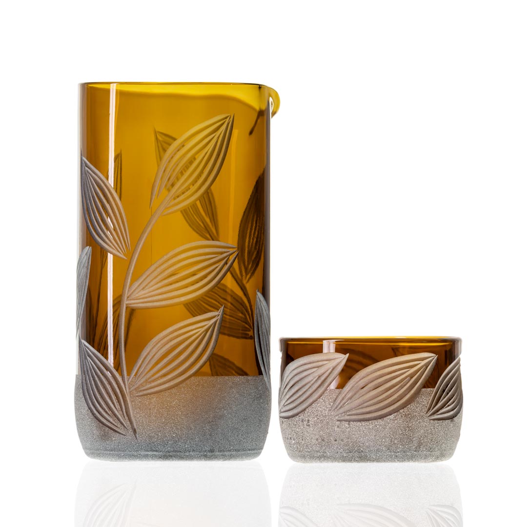 Rolf Glass Twice Around Citrus Garden Mocha 13oz Pitcher and 2" sipper glasses set of 2