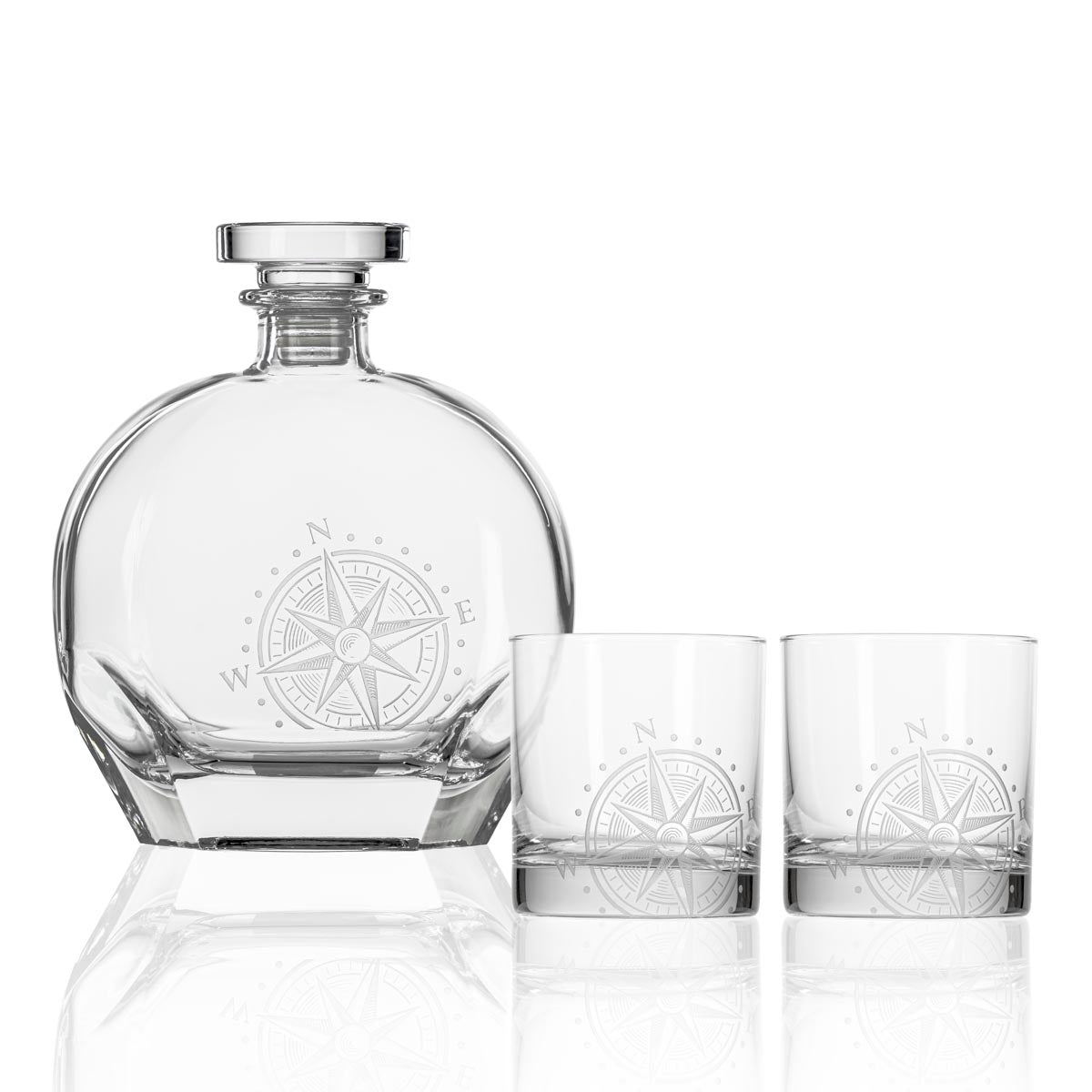 Rolf Glass Compass Star 23oz Whiskey Decanter 10oz On The Rocks Set of 3