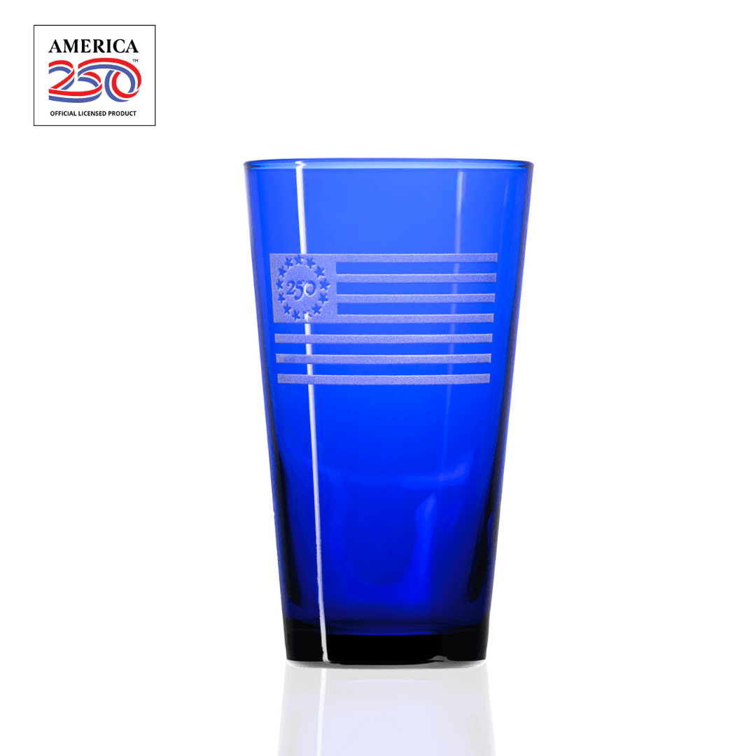 America 250 Betsy Ross Flag 16oz Cobalt Blue Beer Pint Glass by Rolf Glass with OLP