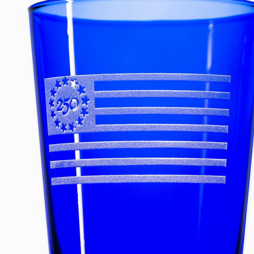 America 250 Betsy Ross Flag 16oz Cobalt Blue Beer Pint Glass Detailed Sand Engraving by Rolf Glass