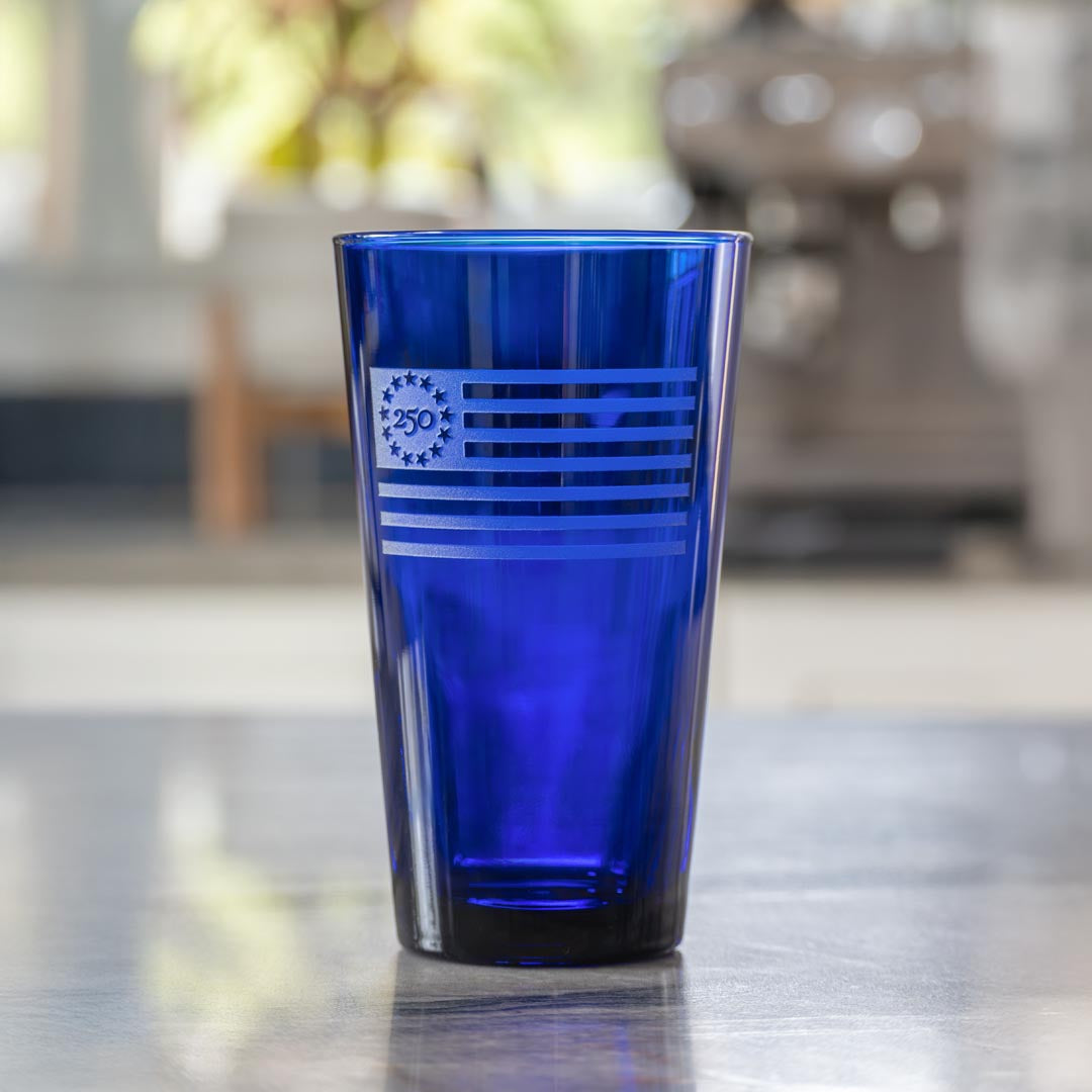 America 250 Betsy Ross Flag 16oz Cobalt Blue Beer Pint Glass by Rolf Glass