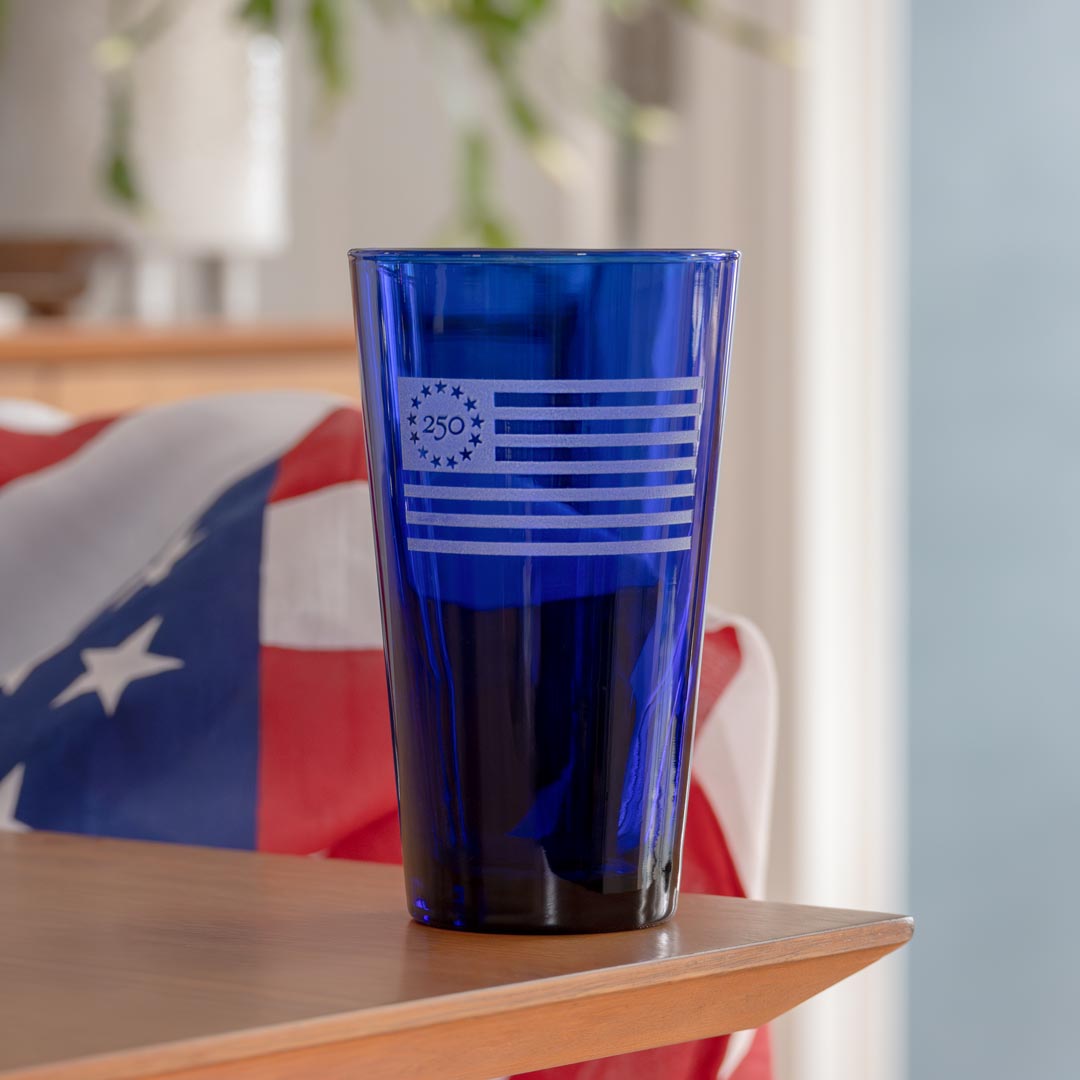 America 250 Betsy Ross Flag 16oz Cobalt Blue Beer Pint Glass by Rolf Glass