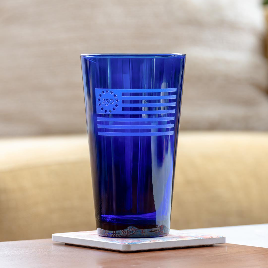 America 250 Betsy Ross Flag 16oz Cobalt Blue Beer Pint Glass by Rolf Glass