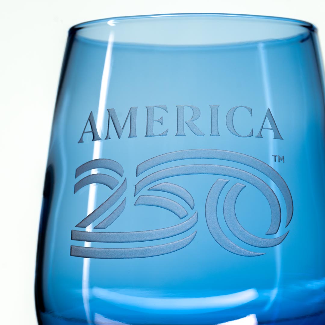 America 250 15oz Blue Stemless Wine Glass Detailed Sand Engraving by Rolf Glass