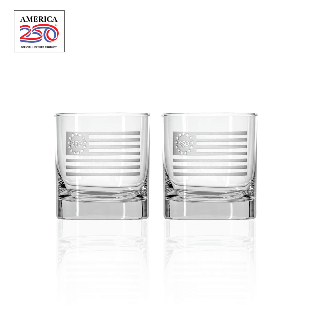 America 250 Betsy Ross Flag 10oz On The Rocks Cocktail Glass Set of 2 by Rolf Glass with OLP