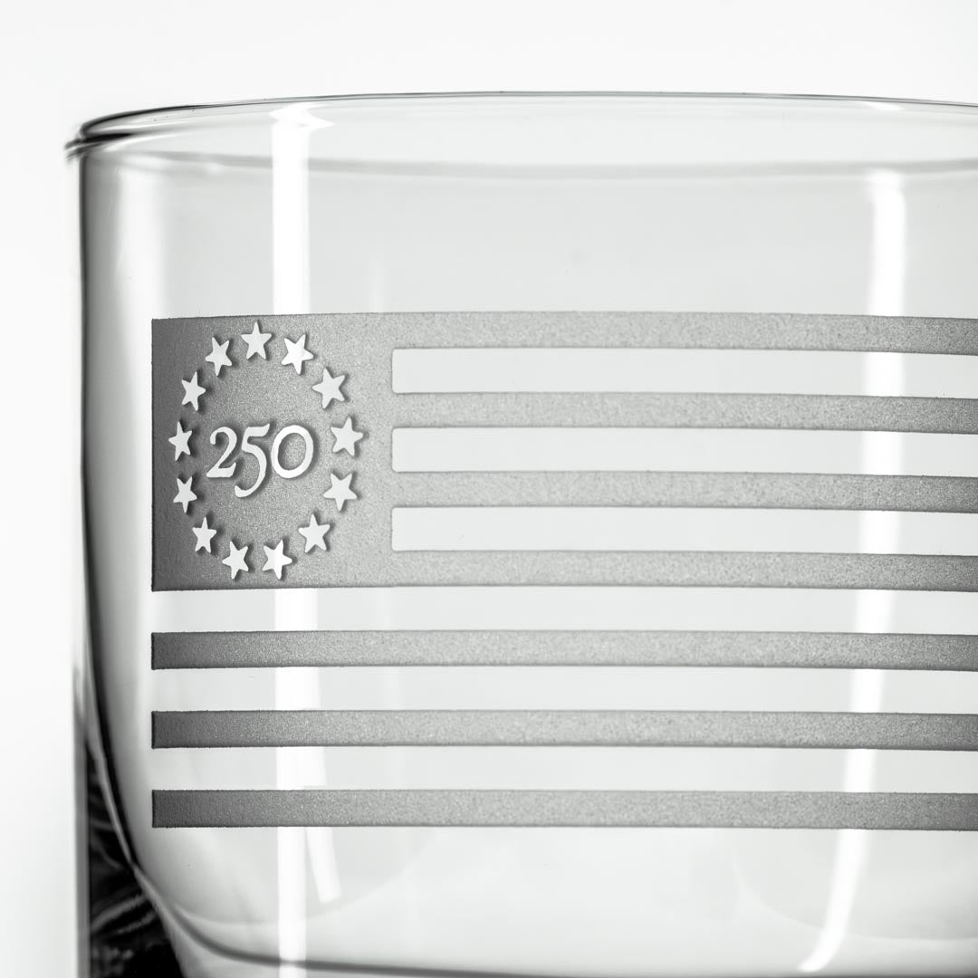 America 250 Betsy Ross Flag 10oz On The Rocks Cocktail Glass Detailed Sand Engraving by Rolf Glass