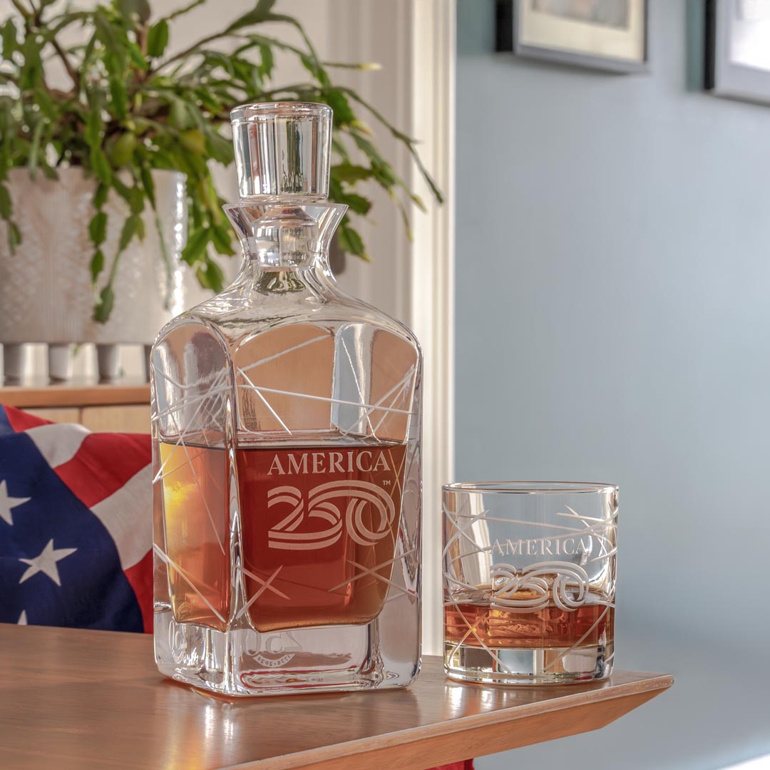 America 250 Longitude 10oz On The Rocks Whiskey Cocktail Glass and Decanter by Rolf Glass