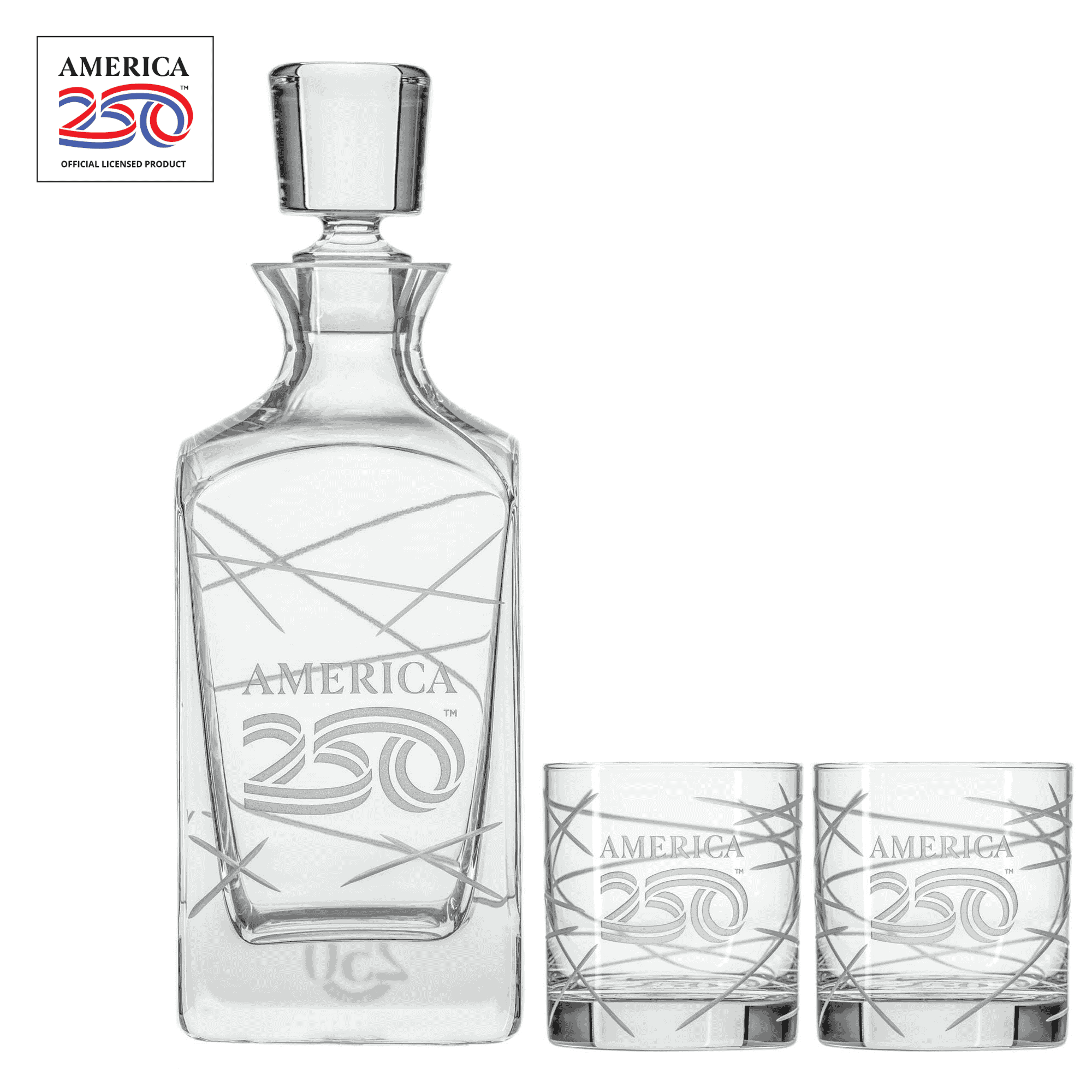 America 250th Anniversary 10oz Longitude On The Rocks Whiskey Cocktail Glass Decanter 3pc gift set by Rolf Glass with OLP
