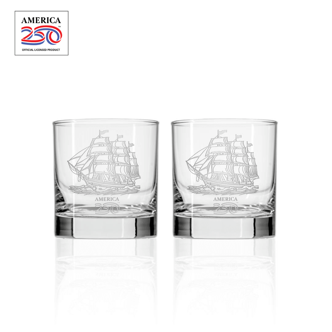 America 250 Tall Ship 10oz On the Rocks Glass Set of 2 by Rolf Glass with OLP