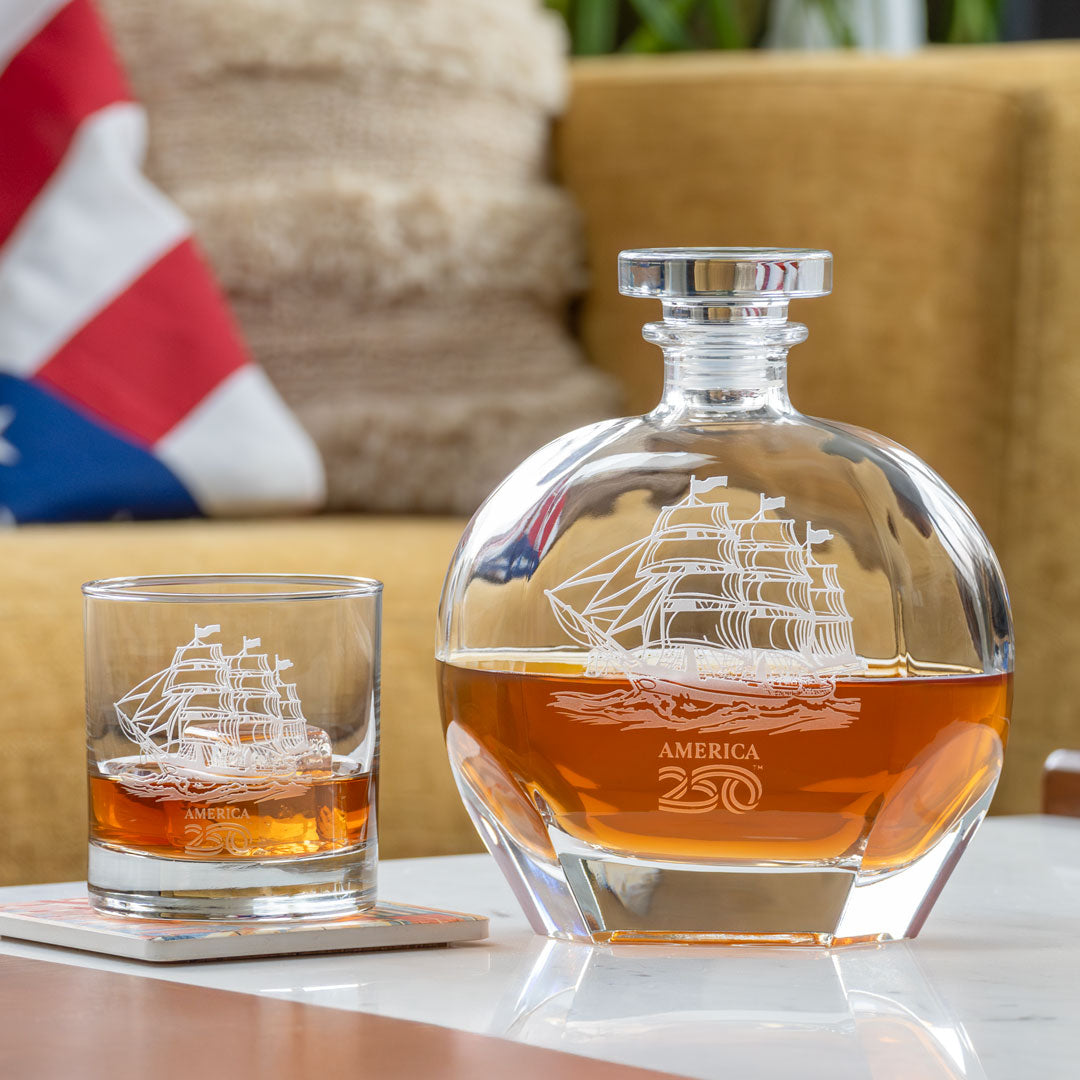 America 250 Tall Ship 10oz On the Rocks and 23oz Whiskey Decanter 3pc gift set by Rolf Glass