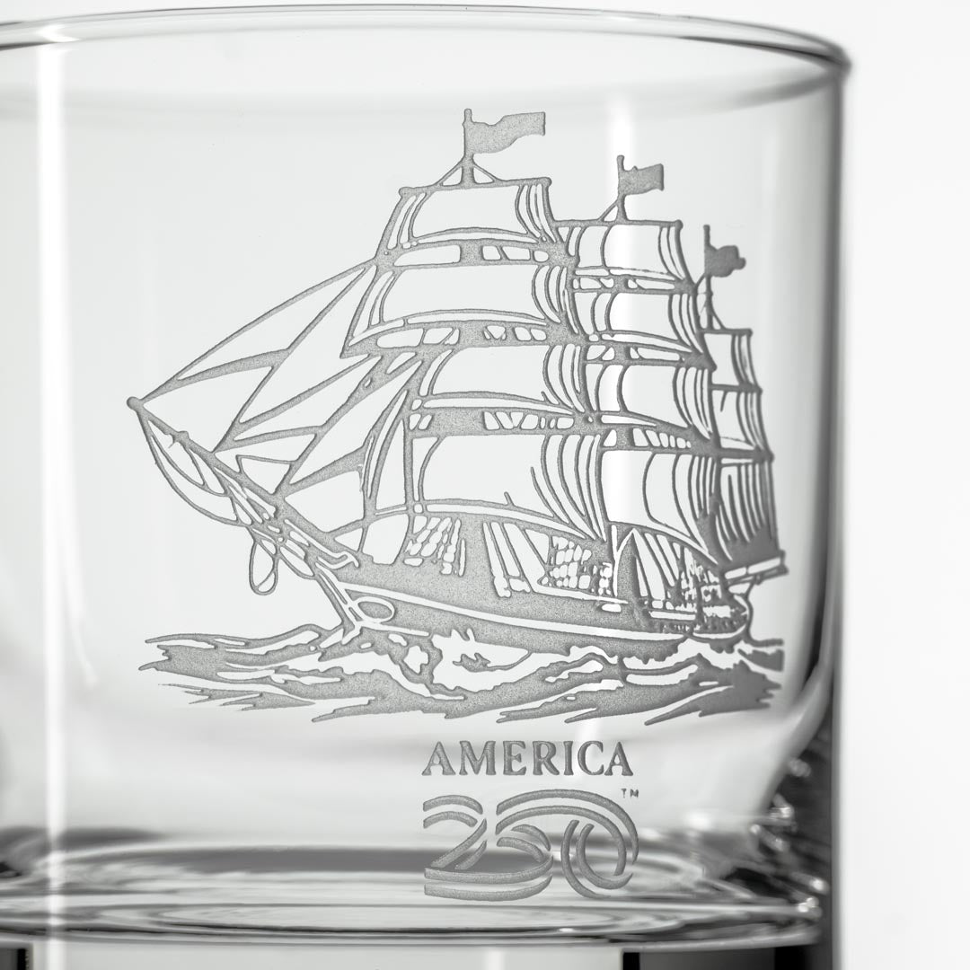 America 250 Tall Ship 10oz On the Rocks Glass detailed sand engraving by Rolf Glass