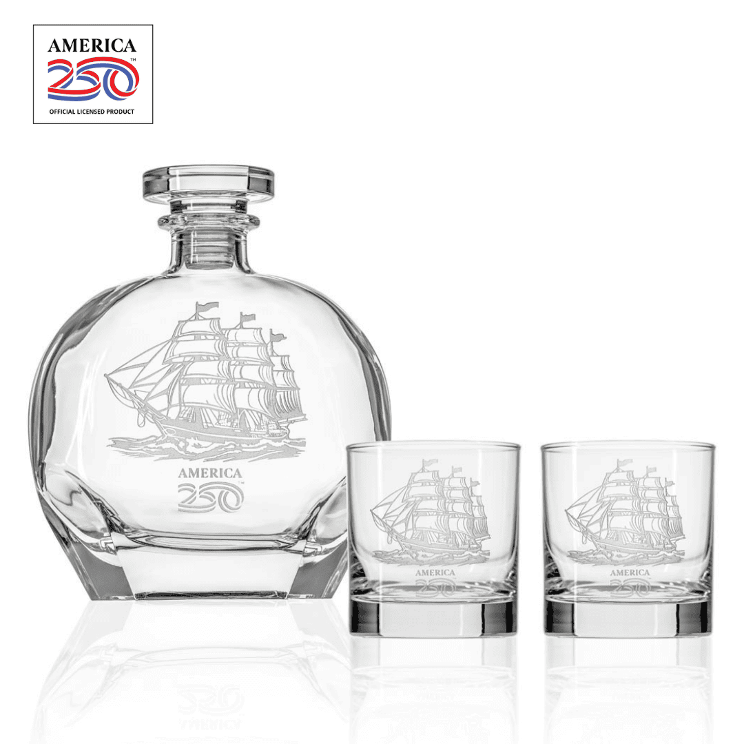 America 250 Tall Ship 10oz On the Rocks and 23oz Whiskey Decanter 3pc gift set by Rolf Glass with OLP