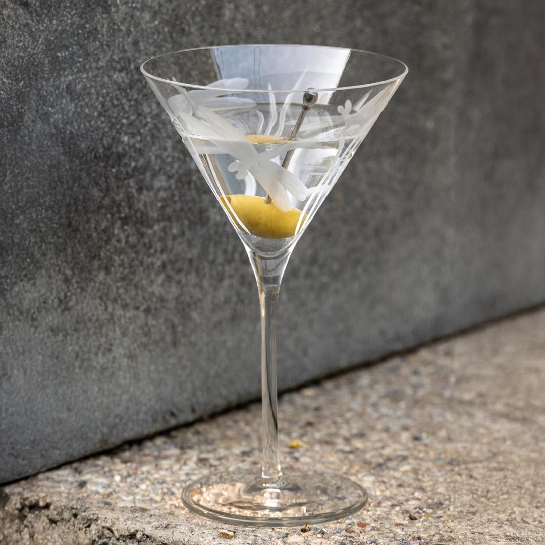 Rolf Glass Dragonfly 10oz Martini Cocktail Glass on the patio