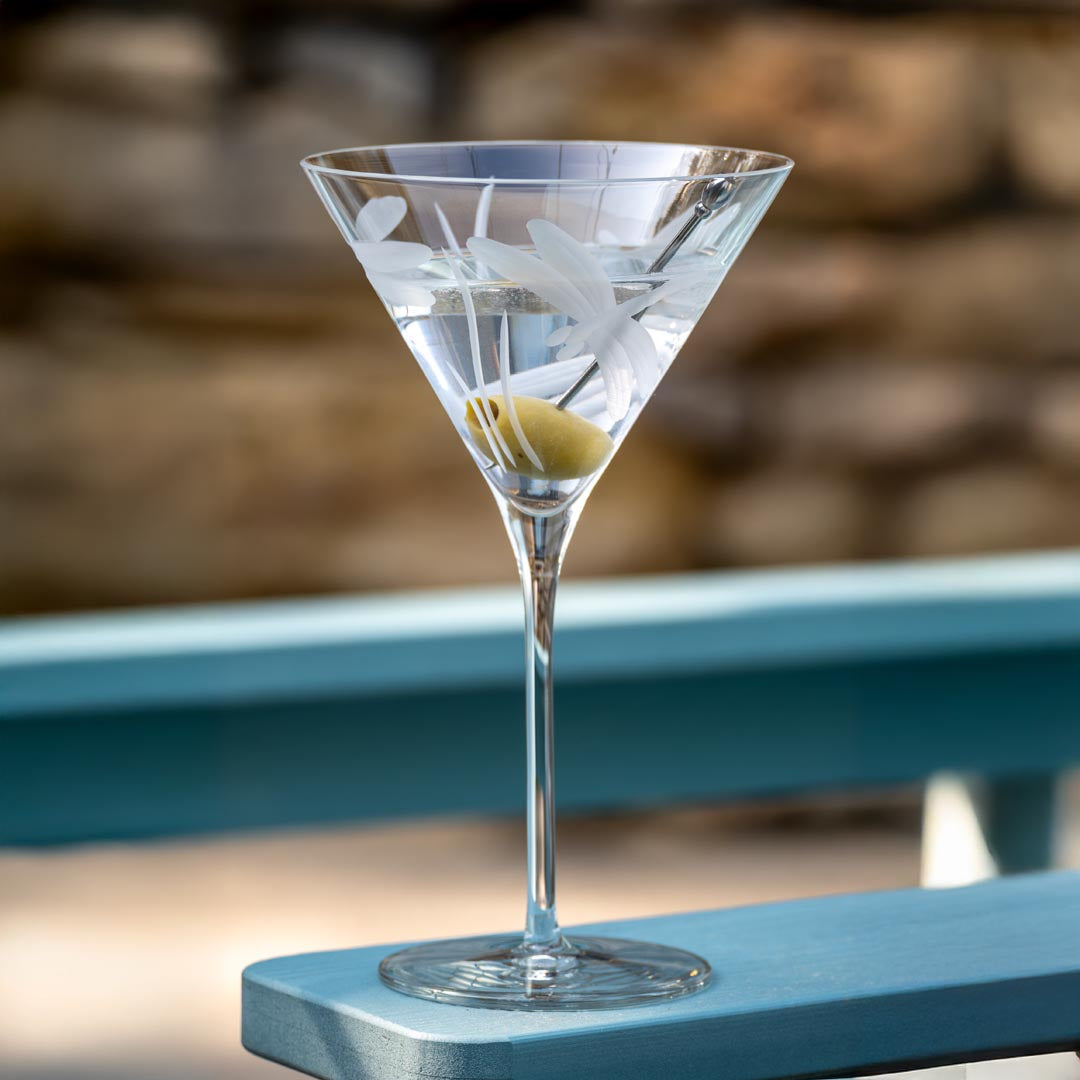 Rolf Glass Dragonfly 10oz Martini Cocktail Glass on the patio