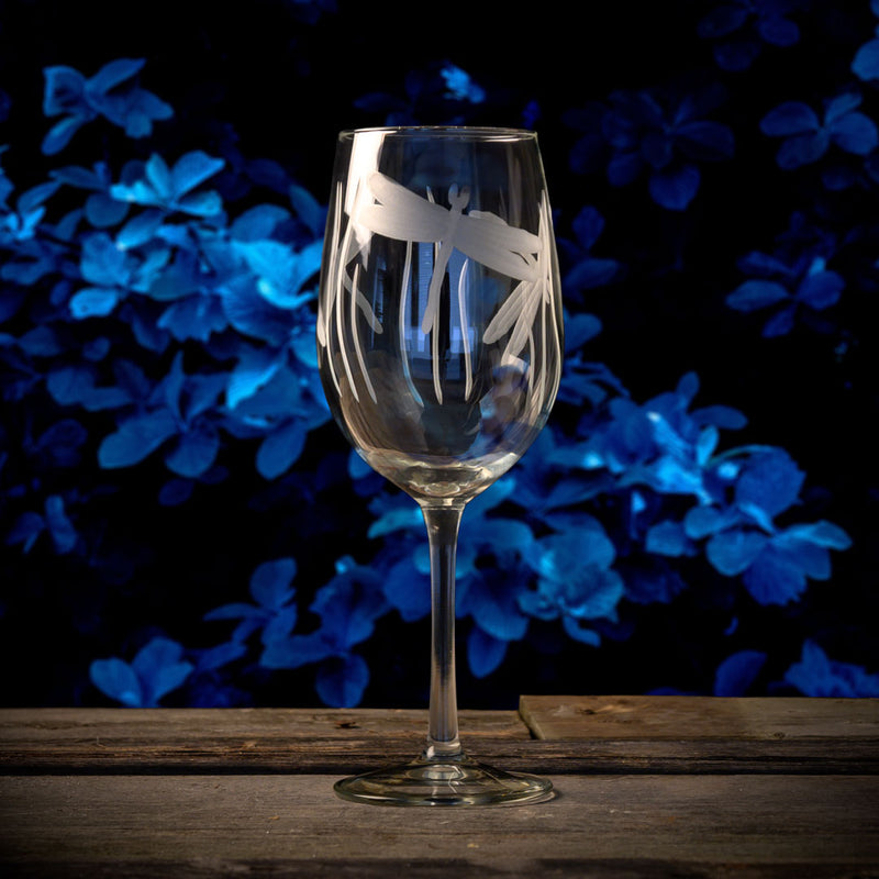 Rolf Glass Dragonfly 12oz White Wine Glass detailed engraving outdoor evening